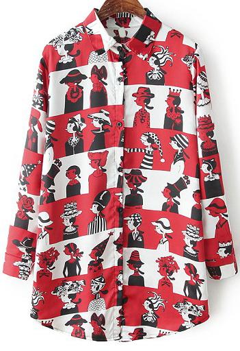 Romwe Lapel With Zipper Cartoon Print Loose Blouse