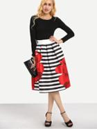 Romwe Rose Print Striped Midi Skirt