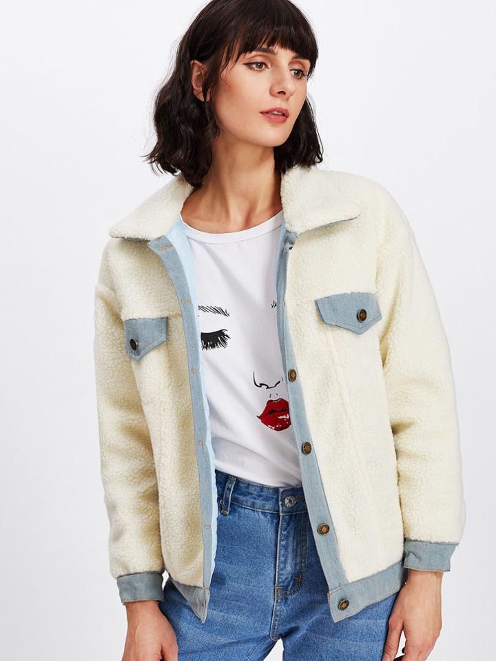 Romwe Shearling Contrast Denim Jacket