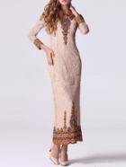 Romwe Long Sleeve Embroidered Slim Pink Dress