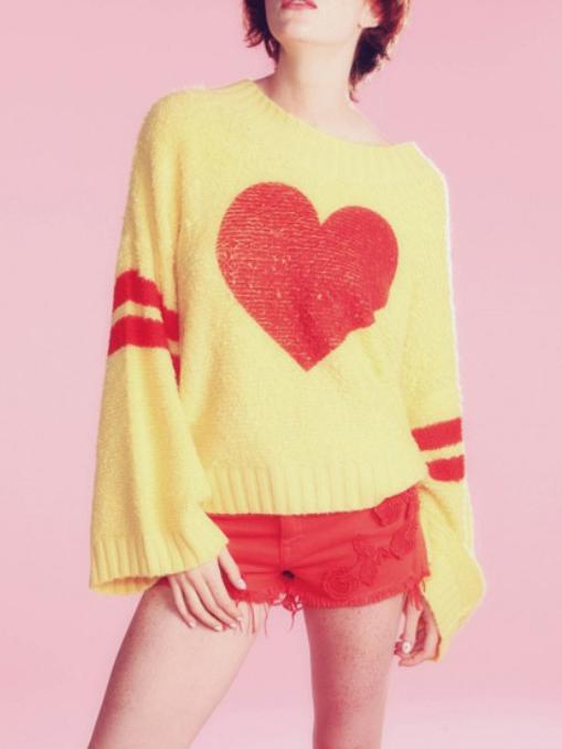 Romwe Bell Sleeve Heart Pattern Yellow Sweater