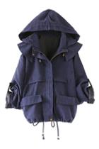 Romwe Drawstring Rolled-up Blue Hoodied Coat