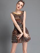 Romwe Khaki Sleeveless Vintage Striped Dress