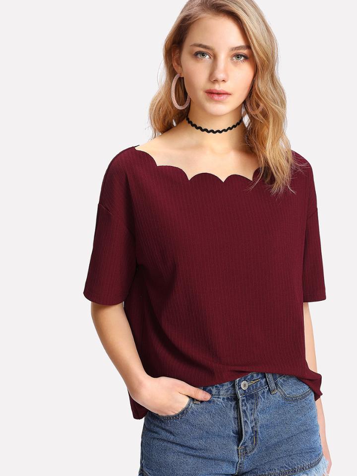 Romwe Scallop Trim Neck Drop Shoulder Tee