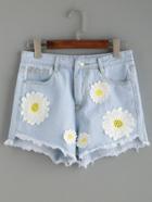 Romwe Blue Crochet Daisy Applique Frayed Denim Shorts