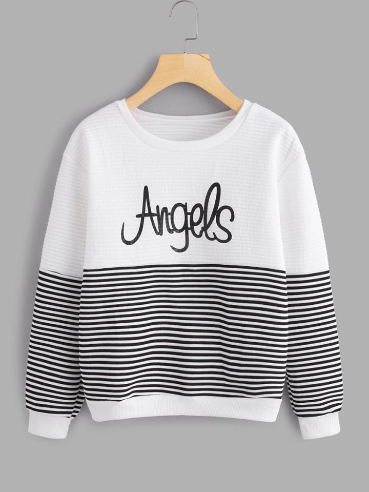 Romwe Letter Print Color Block Striped Sweatshirt