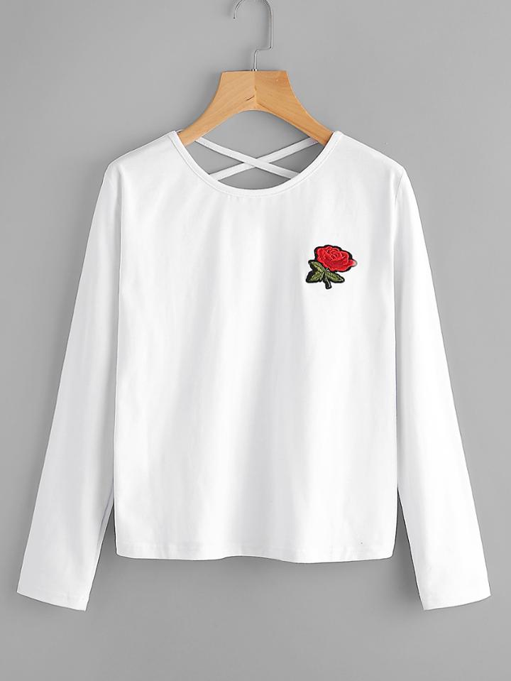Romwe Rose Embroidered Criss Cross Back Tee