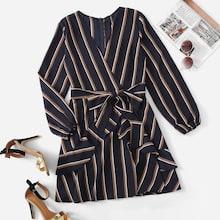 Romwe Striped Zip Surplice Crop Dress
