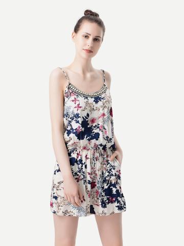 Romwe All Over Florals Beading Cami Romper