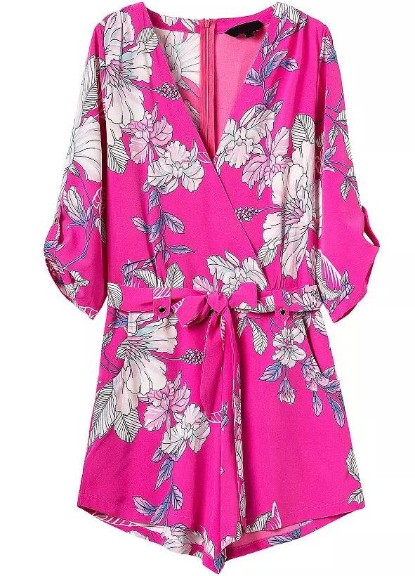 Romwe V Neck Florals With Bow Jumpsuit