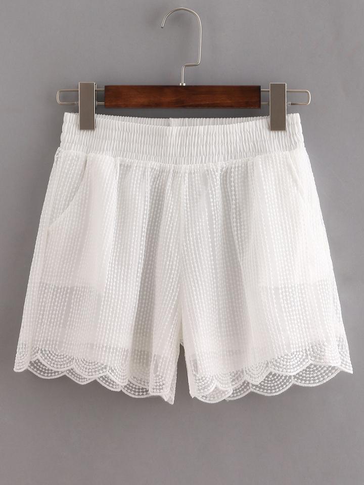 Romwe Scalloped Hem Embroidered Mesh Shorts - White