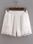 Romwe Scalloped Hem Embroidered Mesh Shorts - White