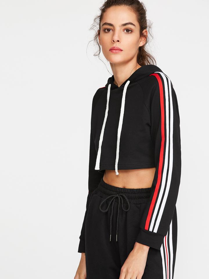 Romwe Black Striped Sleeve Crop Hoodie