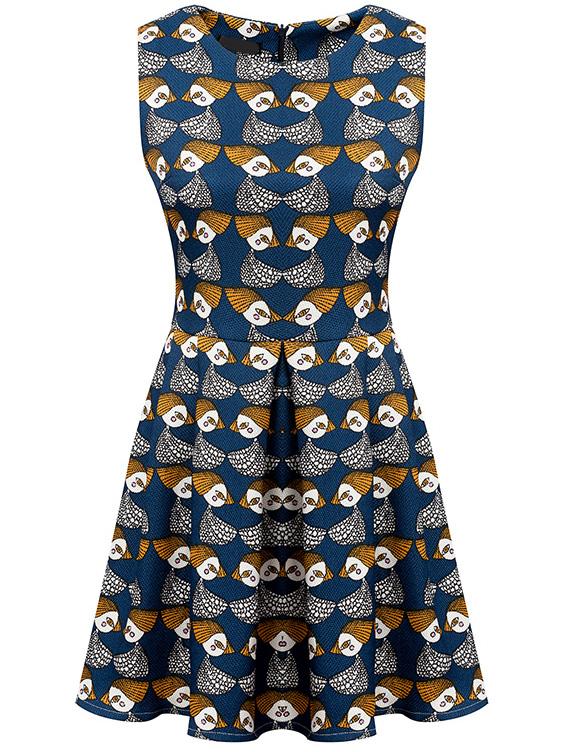 Romwe Blue Sleeveless Birds Print Flare Dress