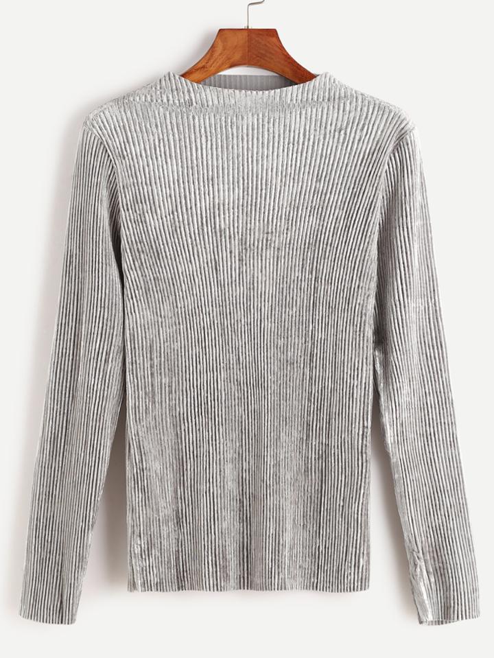 Romwe Silver Crew Neck Ribbed Velvet Top