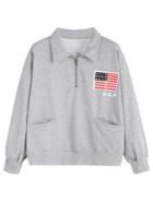 Romwe Heather Grey American Flag Print Sweatshirt With Zip Detail