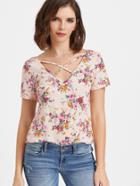 Romwe Crisscross V Neck Floral Print T-shirt