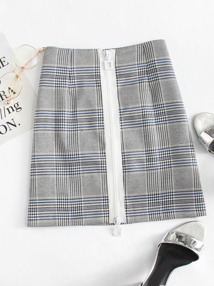 Romwe Zip Up Front Plaid Skirt