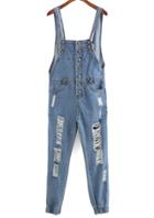 Romwe Strap Single-breasted Ripped Denim Jumpsuit