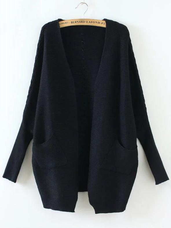 Romwe Black Batwing Sleeve Lace Up Back Cardigan With Pocket