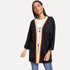 Romwe Open Front Striped Trim Longline Coat