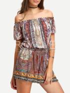 Romwe Multicolor Off The Shoulder Vintage Print Jumpsuit