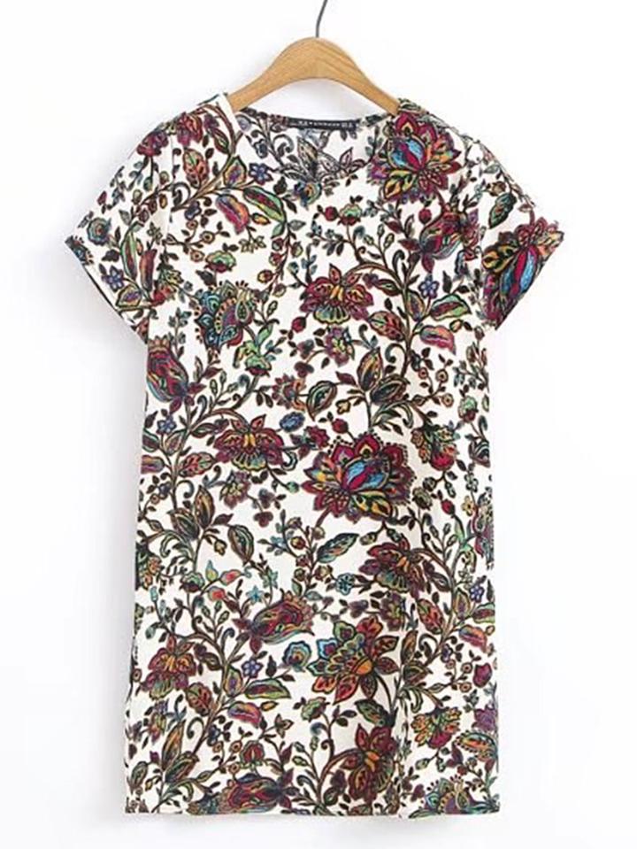 Romwe Floral Print Short Sleeve Dress