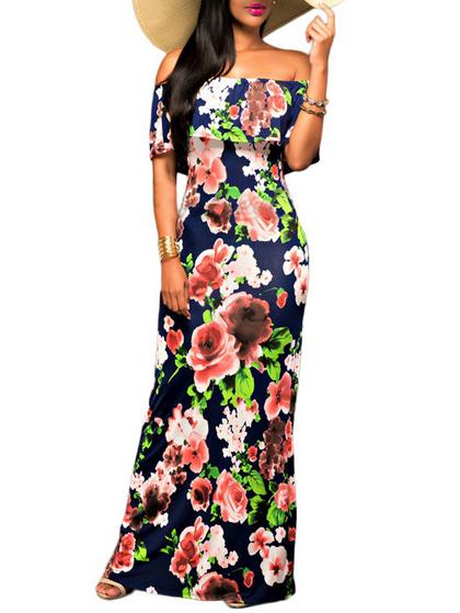 Romwe Off The Shoulder Flower Print Beach Dress