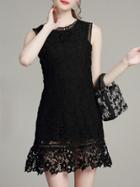 Romwe Black Crochet Hollow Out Frill Dress