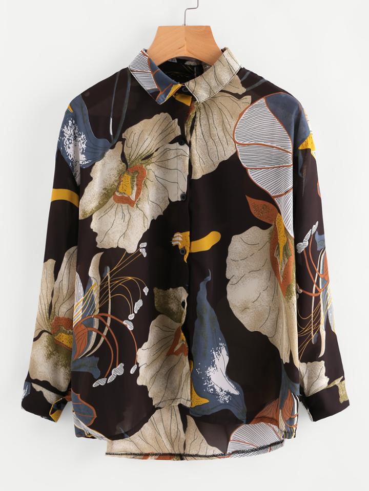 Romwe All Over Florals Dip Hem Shirt