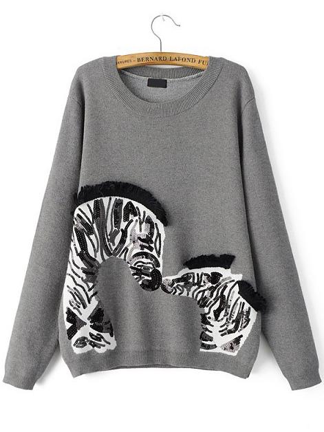 Romwe Zebra Pattern Sequined Fringe Grey Sweater