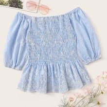 Romwe Eyelet Embroidery Shirred Peplum Blouse