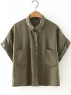 Romwe Army Green Roll-up Cuff Lapel Button Blouse