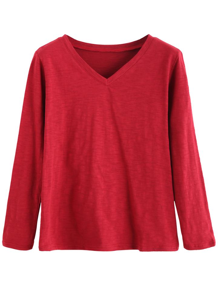 Romwe Burgundy V Neck Long Sleeve T-shirt