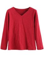 Romwe Burgundy V Neck Long Sleeve T-shirt