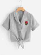 Romwe Notch Collar Rose Patch Tie Front Shirt