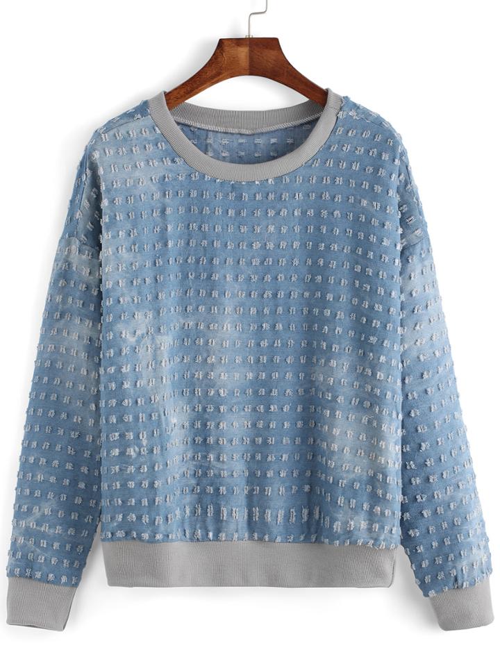 Romwe Round Neck Ripped Denim Sweatshirt