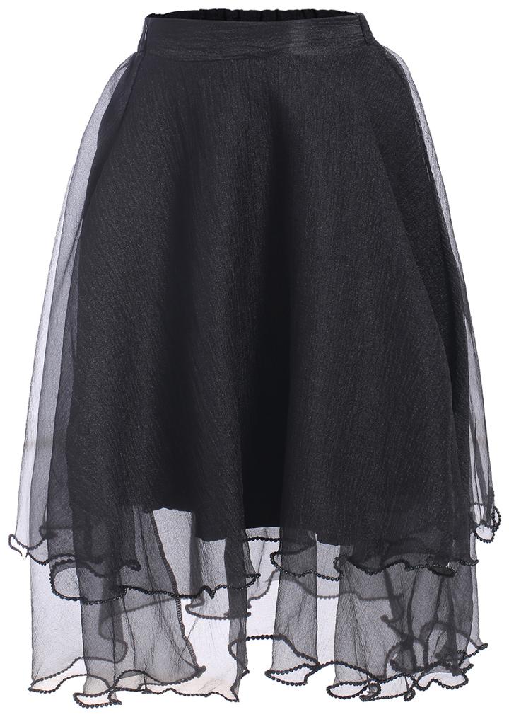 Romwe Elastic Waist Multilayers Mesh Black Skirt