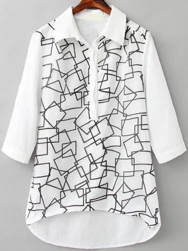 Romwe Lapel Dip Hem Geometric Print Blouse
