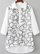 Romwe Lapel Dip Hem Geometric Print Blouse