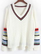 Romwe V Neck Striped Dip Hem Sweater