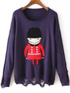 Romwe Cartoon Embroidered Ripped Navy Sweater
