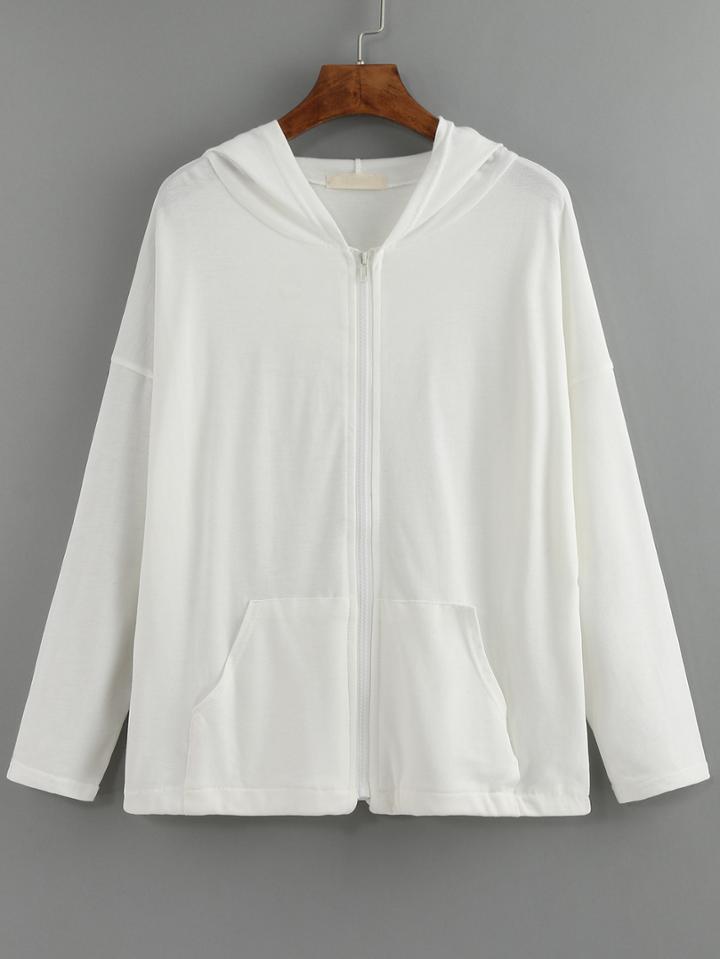 Romwe Hooded Zipper Pockets Loose Sweatshirt