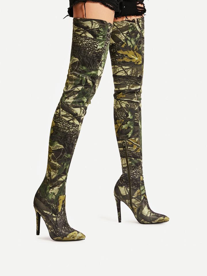 Romwe Mixed Pattern Side Zipper Over Knee Boots
