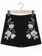 Romwe Black Flower Embroidered Zipper Side Velvet Shorts