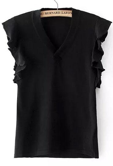 Romwe V Neck Ruffle Sleeve Black Top