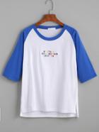 Romwe Color Block Letter Embroidered High Low T-shirt