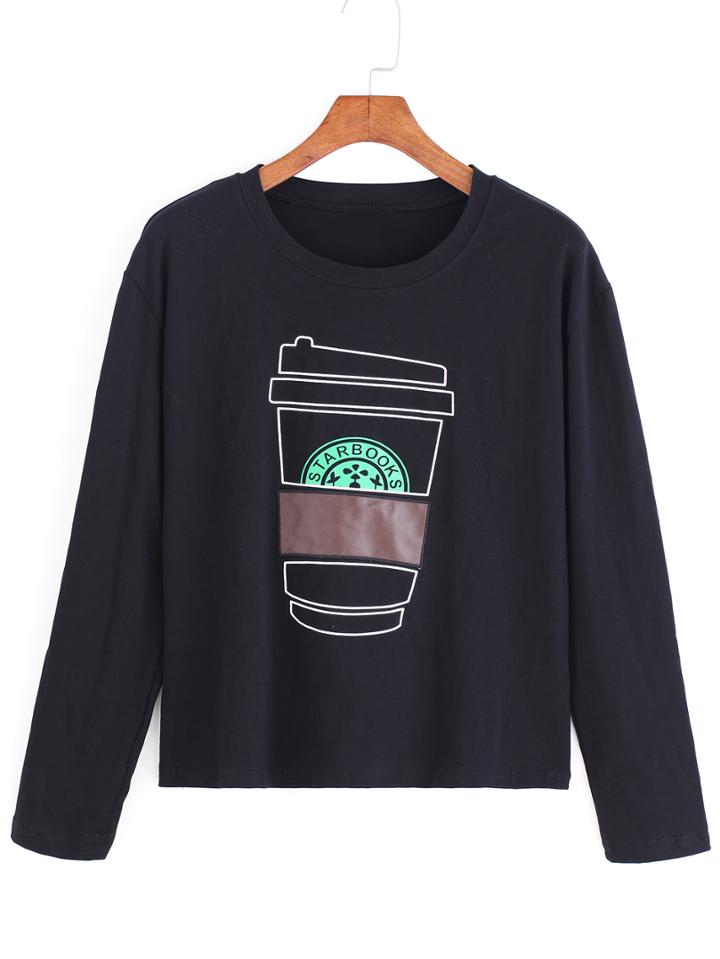 Romwe Coffee Cup Print Black Sweatshirt