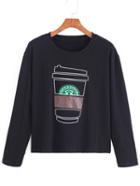 Romwe Coffee Cup Print Black Sweatshirt