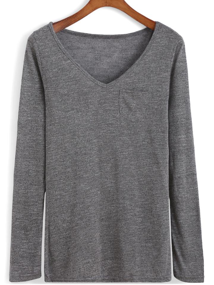 Romwe V Neck Long Sleeve Pocket T-shirt